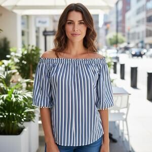 Trina Turk Small Top Sleeveless Blouse Blue Striped Preppy Coastal Poms Coastal